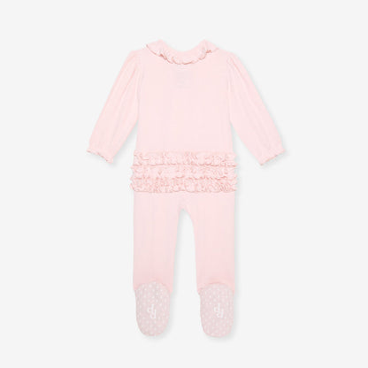 Sweet Pink Pointelle Footie Ruffled Collar One Piece