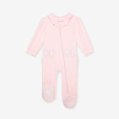 Sweet Pink Pointelle Footie Ruffled Collar One Piece