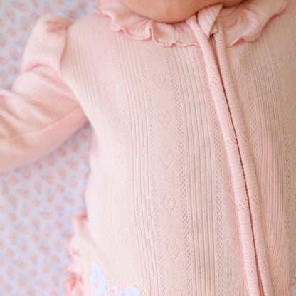 Sweet Pink Pointelle Footie Ruffled Collar One Piece