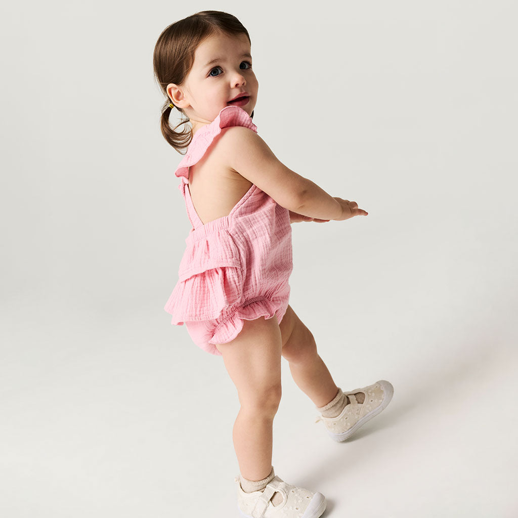 Happy Pink Cotton Crinkle Ruffled Romper