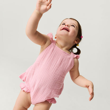 Happy Pink Cotton Crinkle Ruffled Romper