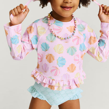 Shelly Pink Long Sleeve Rash Guard Ruffled Bummie Set
