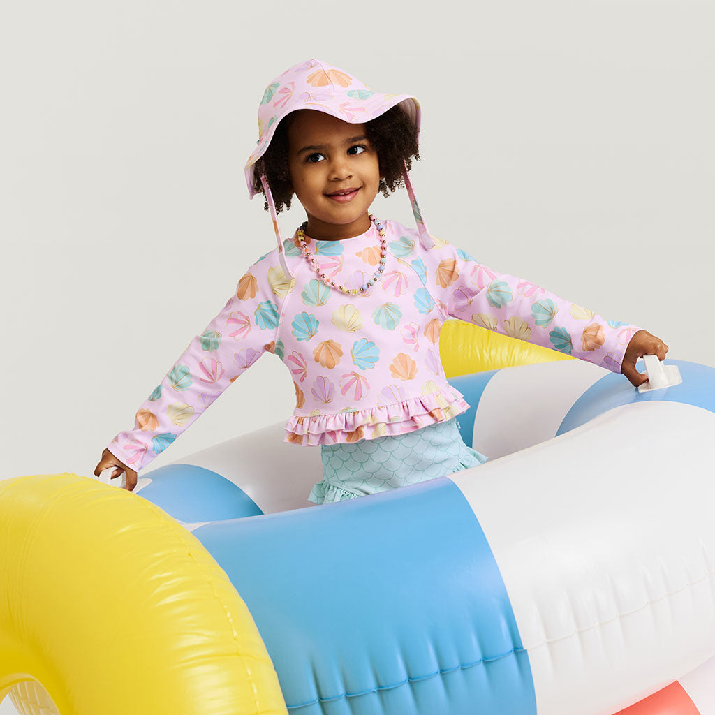 Shelly Pink Long Sleeve Rash Guard Ruffled Bummie Set