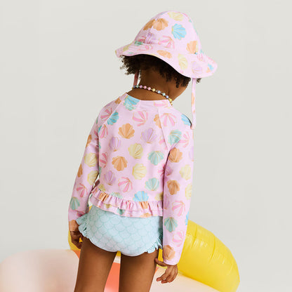 Shelly Pink Long Sleeve Rash Guard Ruffled Bummie Set