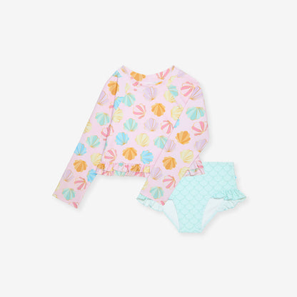 Shelly Pink Long Sleeve Rash Guard Ruffled Bummie Set