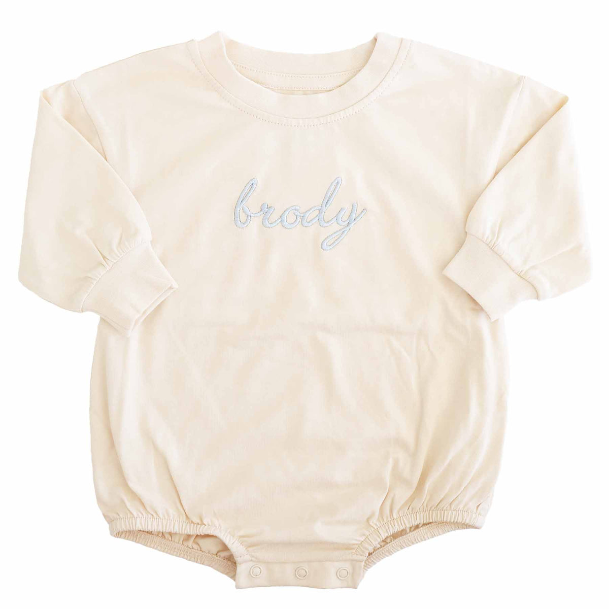 Embroidered Script Name Long Sleeve Bubble Romper | Natural