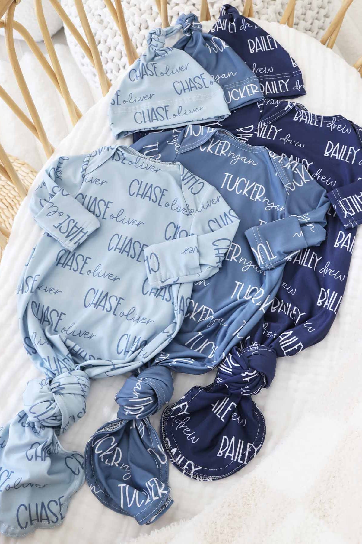 Personalized Font Duo Newborn Baby Knot Gown | Best Selling Blues