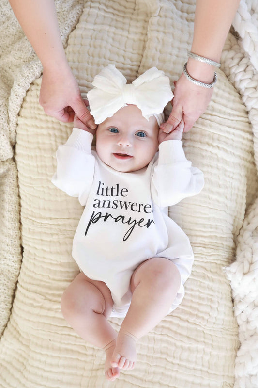 Little Answered Prayer Graphic Sweatshirt Bubble Romper | White