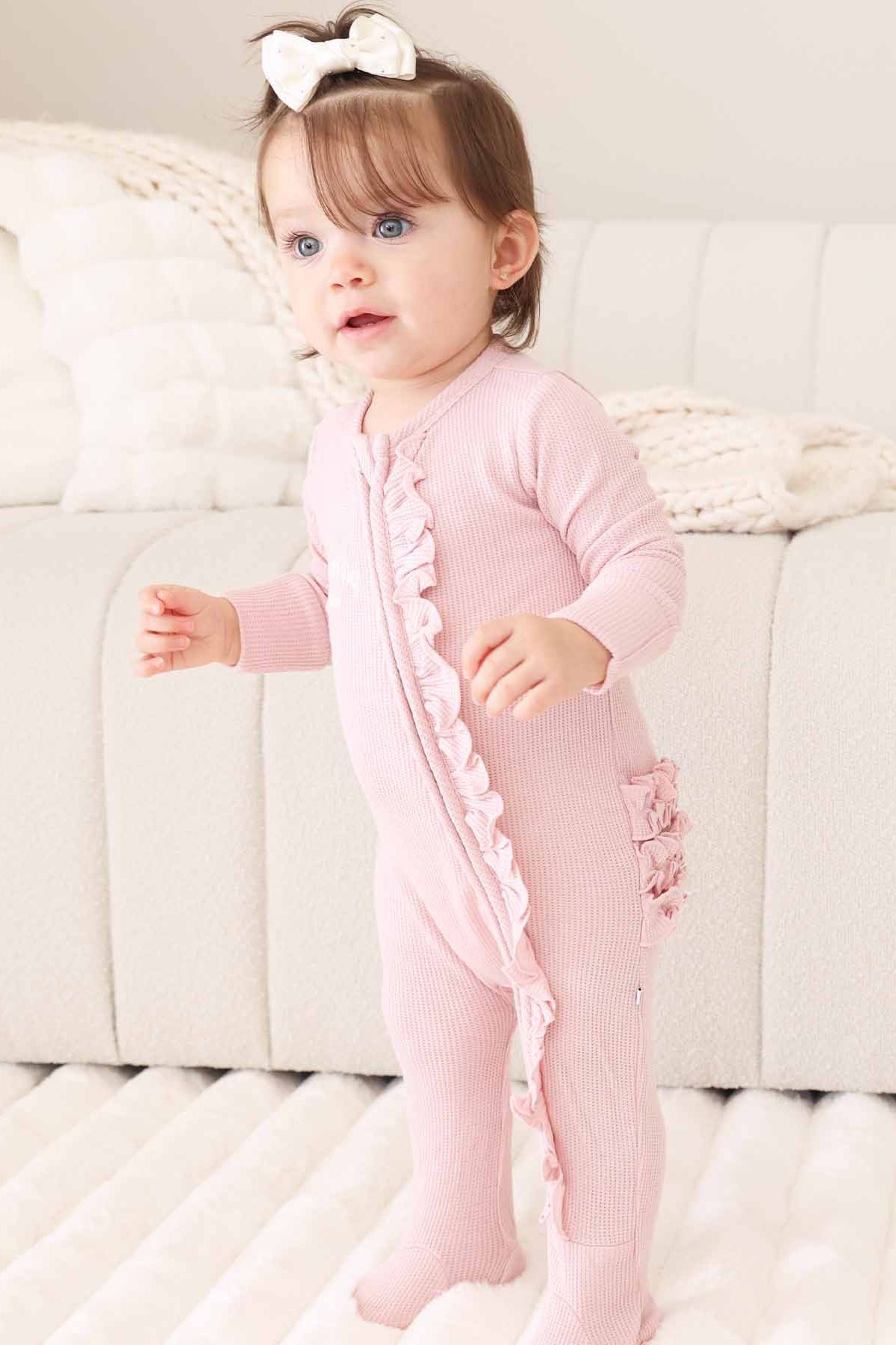 Embroidered Bamboo Waffle Zipper Ruffle Footie | Lotus