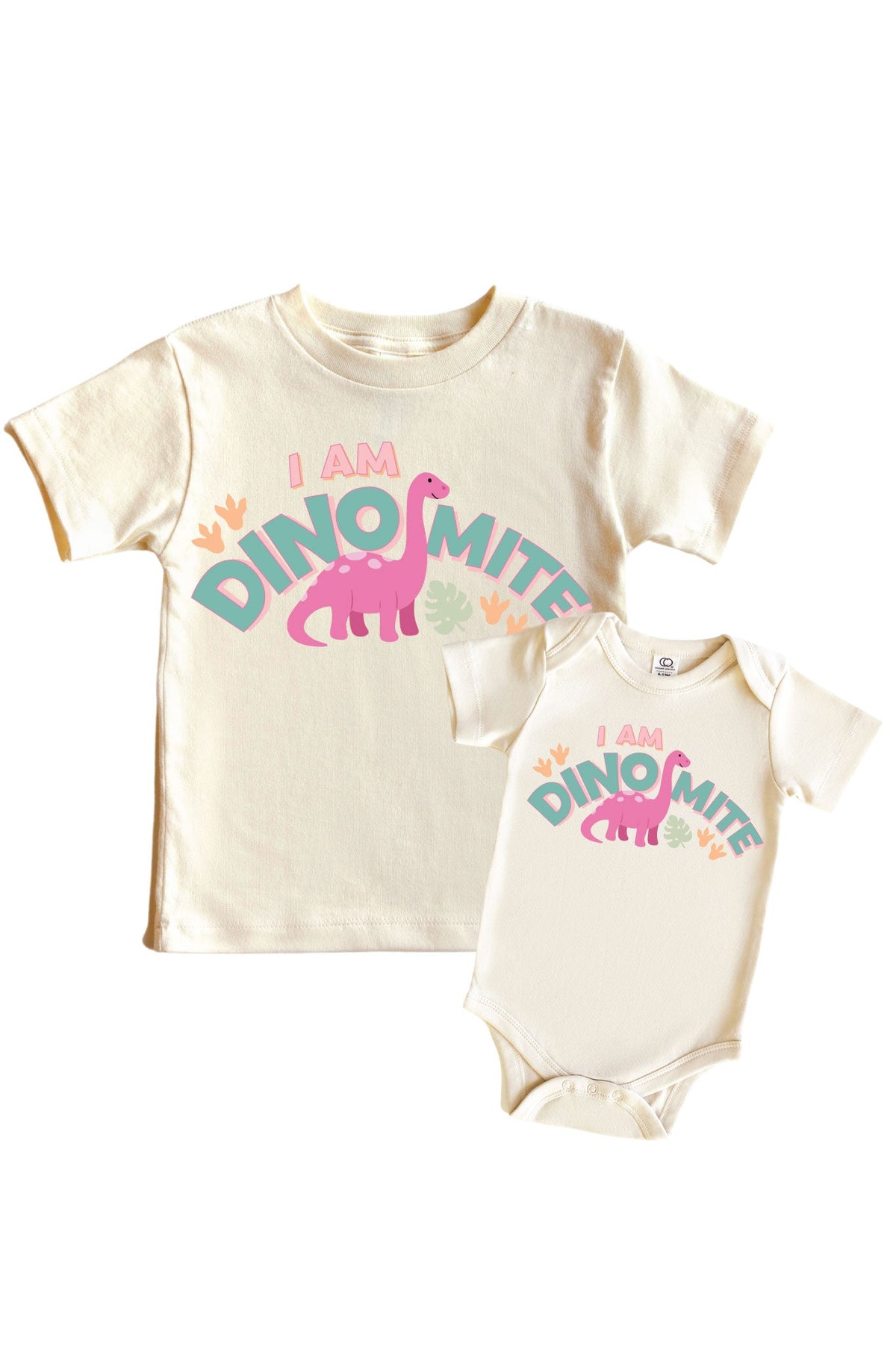 I Am Dino-Mite Pink Graphic Bodysuit & Kids Tee | Natural