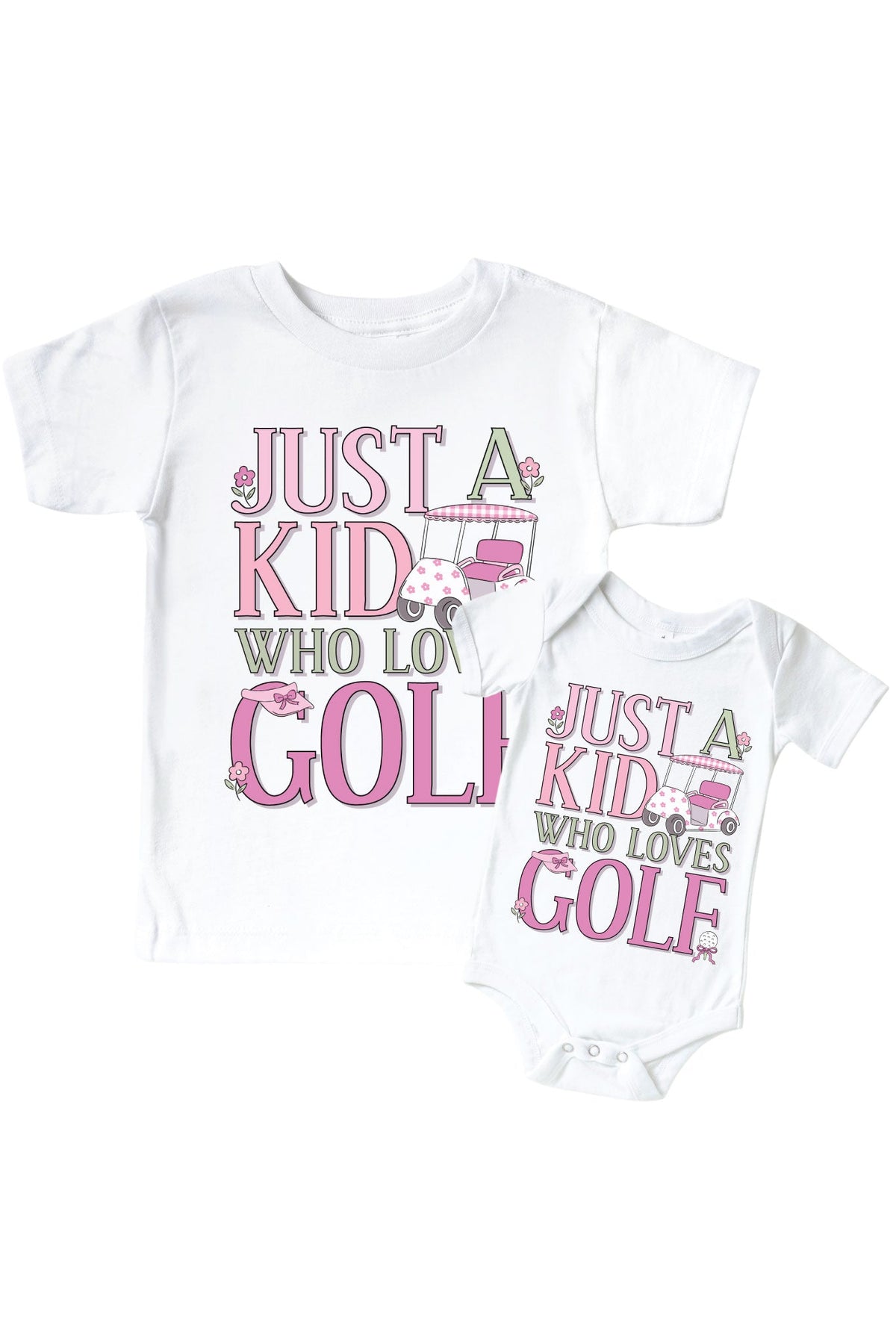 A Kid With Golf Love Pink Graphic Bodysuit & Kids Tee | White