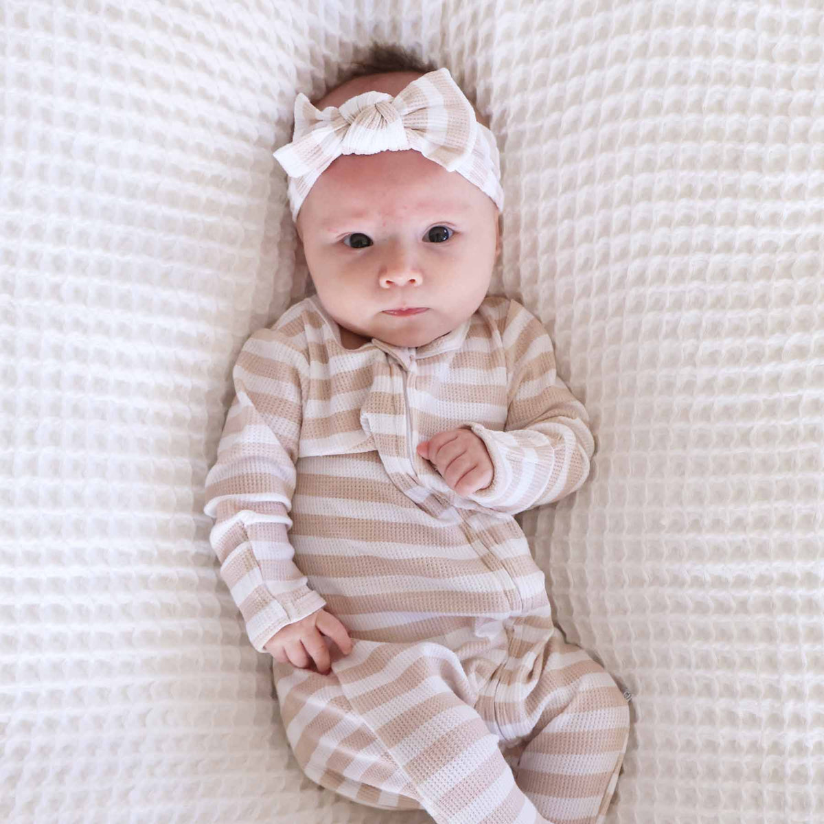 Latte Stripes Bamboo Waffle Knit Large Bow Headwrap