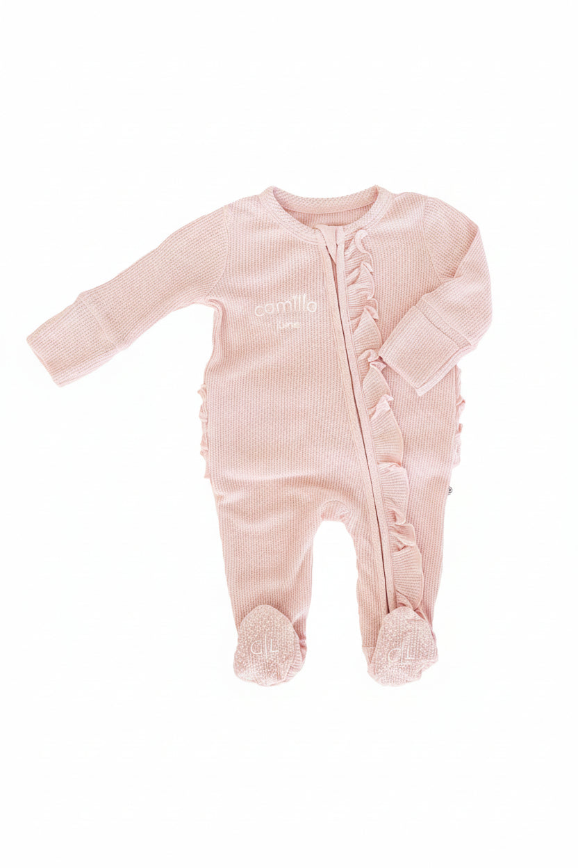 Embroidered Bamboo Waffle Zipper Ruffle Footies | In Bloom