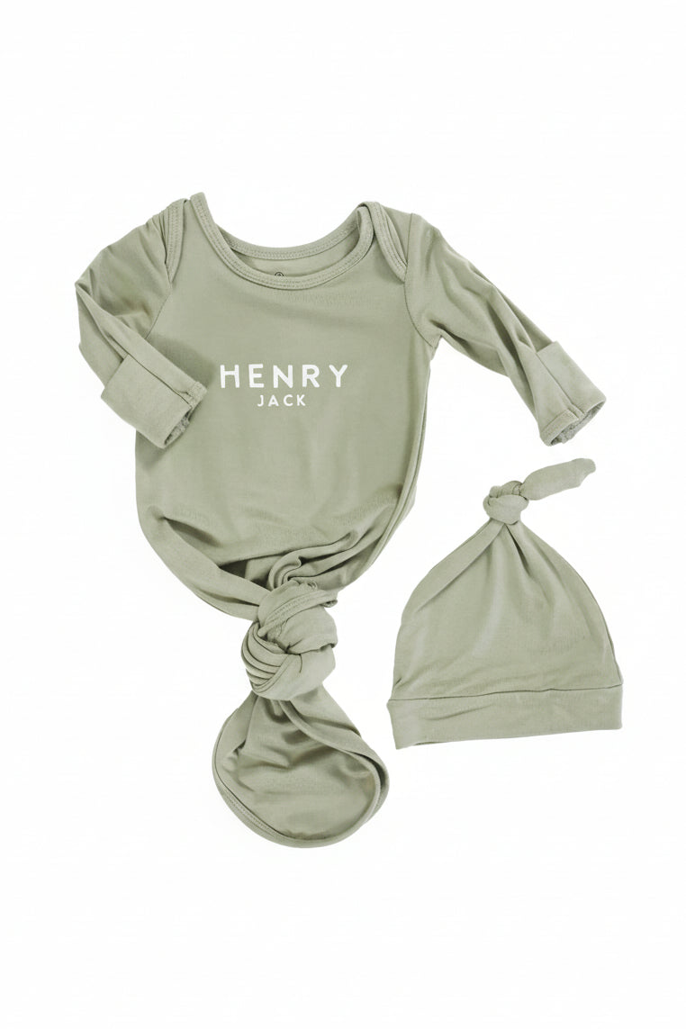 Boy Personalized Bamboo Newborn Baby Knot Gown & Hat