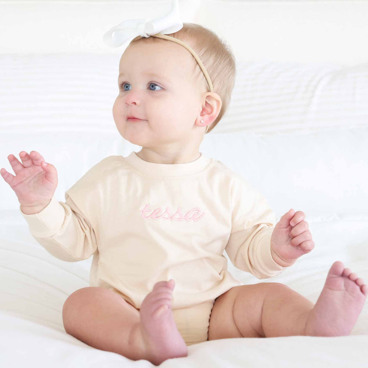 Embroidered Script Name Long Sleeve Bubble Romper | Natural