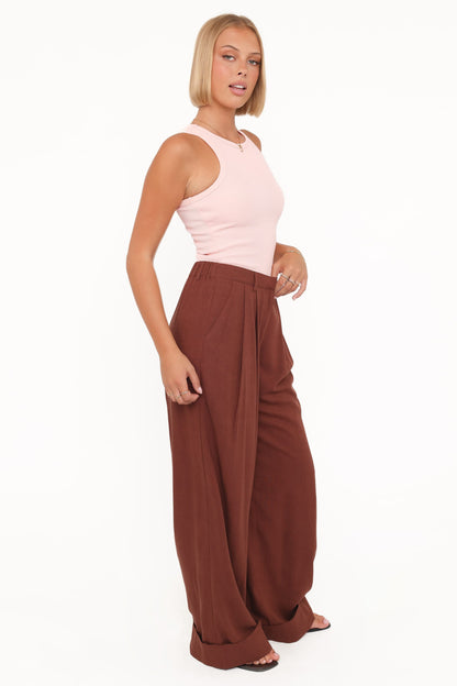 Elinor Cuffed Linen Pant - Brown