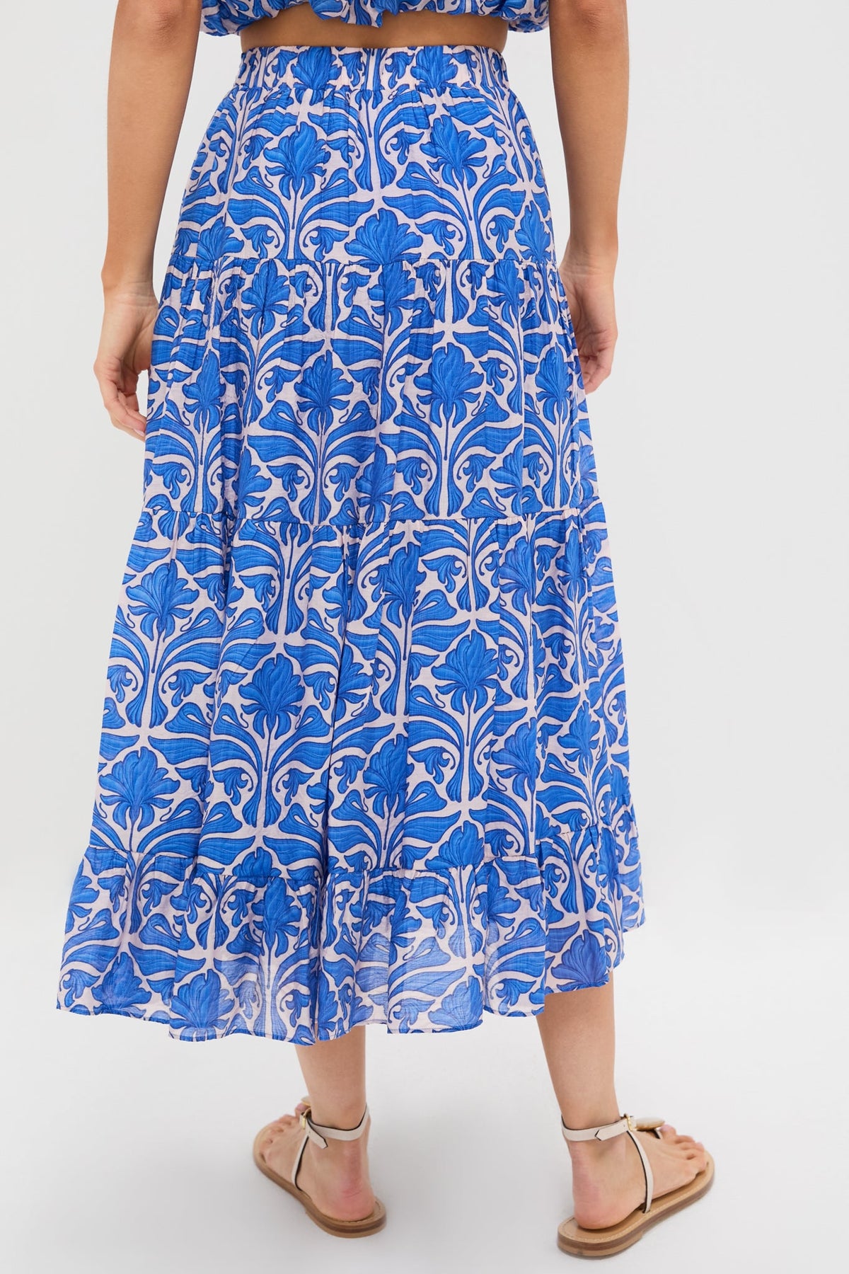 Blue Geometric Floral Porto Midi Skirt