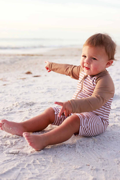 Long Sleeve Rash Guard Swim Romper Shortie | Sandy Stripes
