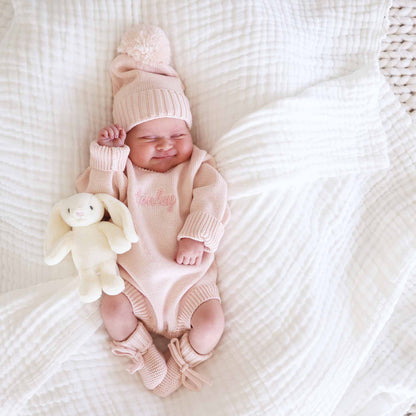 Knit Baby Pom Pom Beanie | Tea Rose